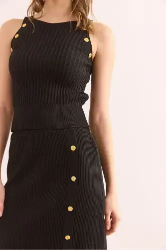 Women's Black Button Detailed Knitwear Set TKM- - 5