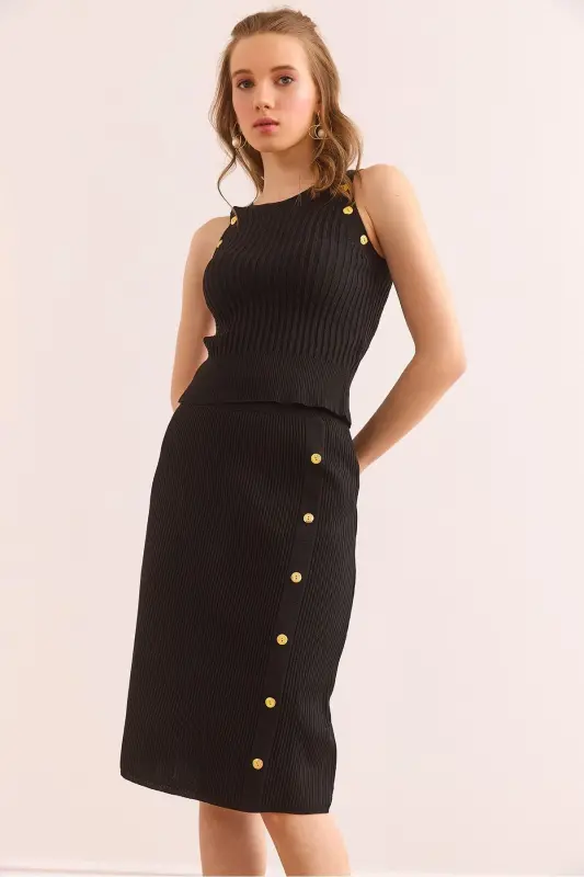 Women's Black Button Detailed Knitwear Set TKM- - 1