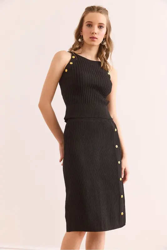 Women's Black Button Detailed Knitwear Set TKM- - 3