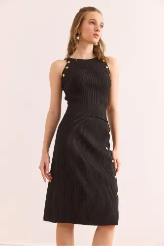 Women's Black Button Detailed Knitwear Set TKM- - 4