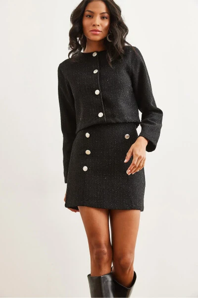Women's Black Button Detailed Skirt and Jacket Set TKM-19000316 - OLALOOK