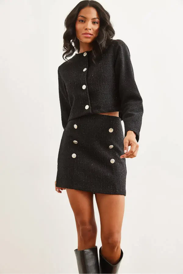 Women's Black Button Detailed Skirt and Jacket Set TKM-19000316 - 3
