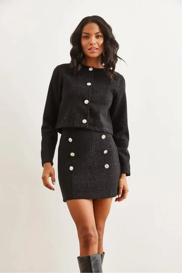 Women's Black Button Detailed Skirt and Jacket Set TKM-19000316 - 4