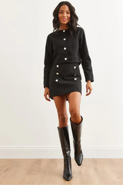 Women's Black Button Detailed Skirt and Jacket Set TKM-19000316 - 5