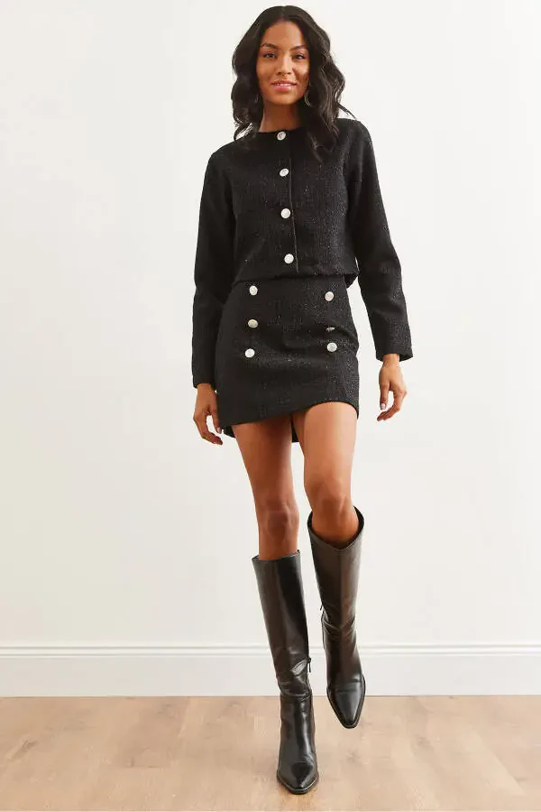 Women's Black Button Detailed Skirt and Jacket Set TKM-19000316 - 5