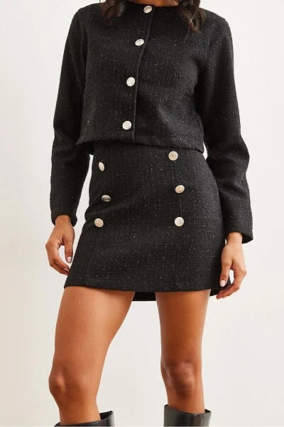 Women's Black Button Detailed Skirt and Jacket Set TKM-19000316 - 6