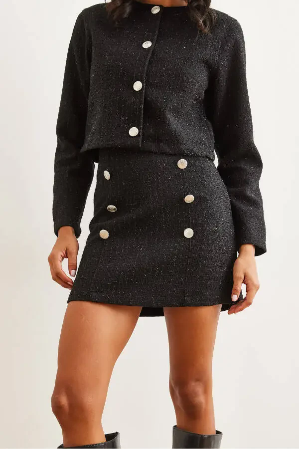 Women's Black Button Detailed Skirt and Jacket Set TKM-19000316 - 6