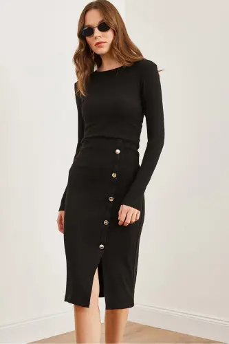 Women's Black Button Detailed Slit Midi Stretch Dress 