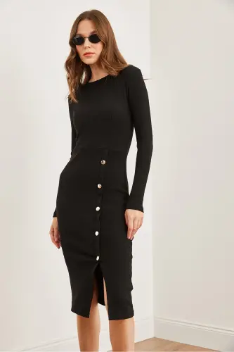 Women's Black Button Detailed Slit Midi Stretch Dress - 3