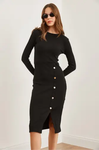 Women's Black Button Detailed Slit Midi Stretch Dress - 4