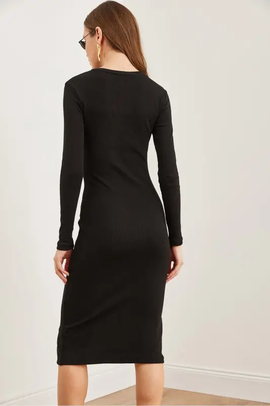 Women's Black Button Detailed Slit Midi Stretch Dress - 5