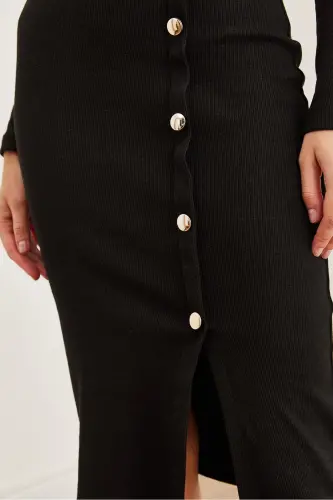 Women's Black Button Detailed Slit Midi Stretch Dress - 6