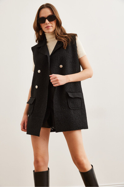 Womens Black Button Pocket Boucle Vest - 2