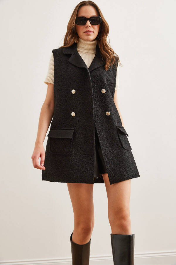 Womens Black Button Pocket Boucle Vest - 1