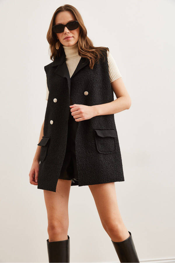 Womens Black Button Pocket Boucle Vest - 2