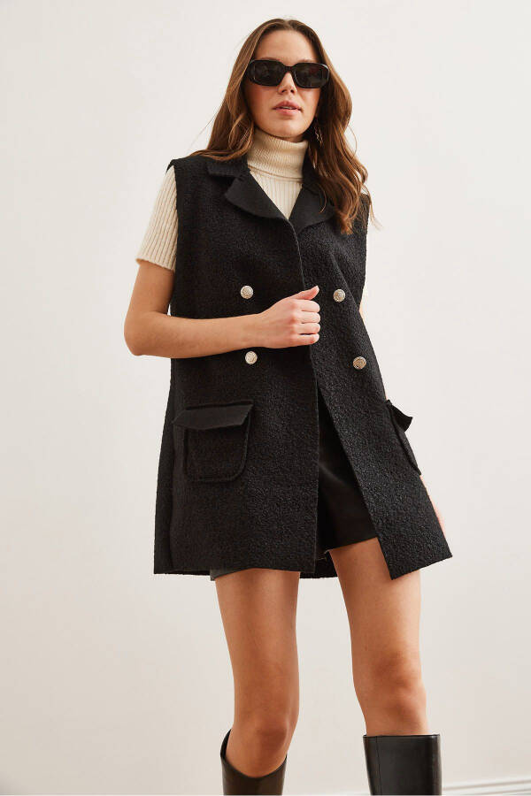 Womens Black Button Pocket Boucle Vest - 4