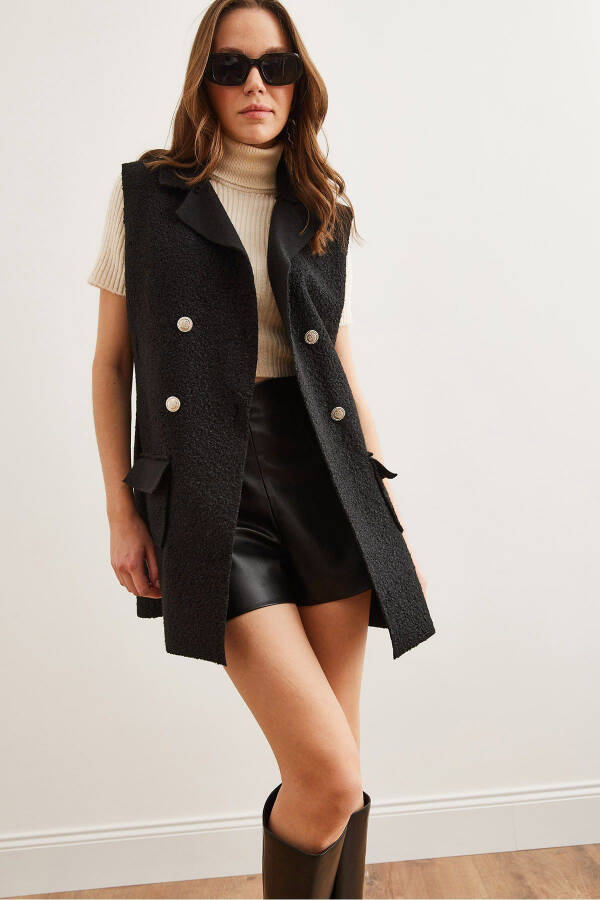 Womens Black Button Pocket Boucle Vest - 5