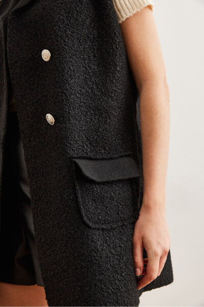Womens Black Button Pocket Boucle Vest - 6