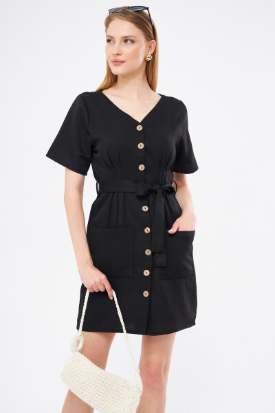 Women's Black Buttoned Belted Pleated V-Neck Dress Arm-23y001026 - 4