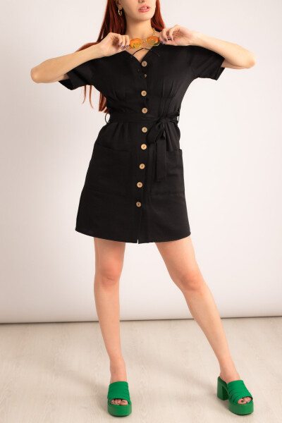 Women's Black Buttoned Belted Pleated V-Neck Dress Arm-23y001026 - 7