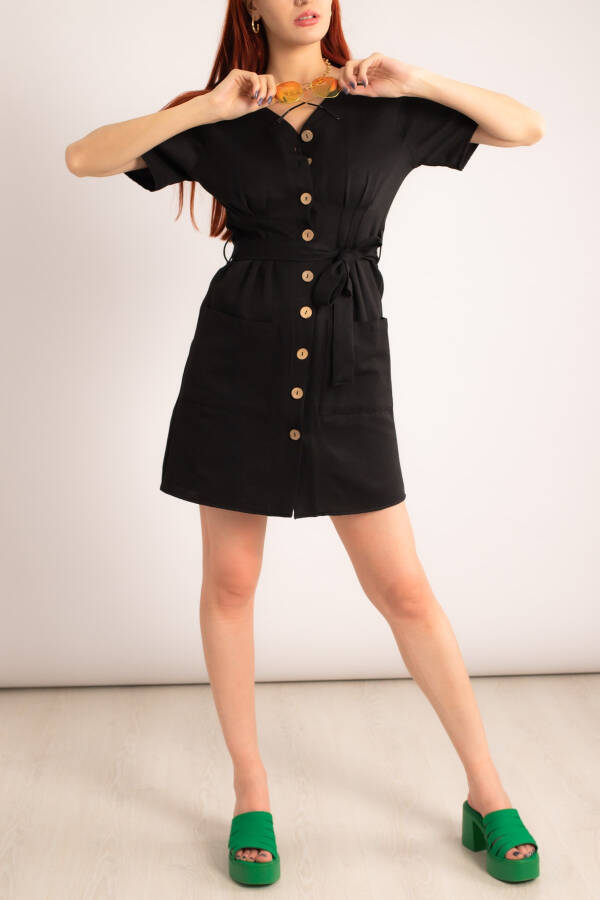 Women's Black Buttoned Belted Pleated V-Neck Dress Arm-23y001026 - 7