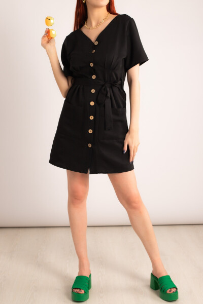 Women's Black Buttoned Belted Pleated V-Neck Dress Arm-23y001026 - 8