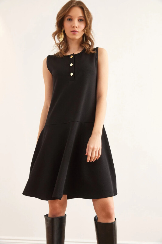 Women's Black Buttoned Detailed Crepe Dress ELB-1 - OLALOOK
