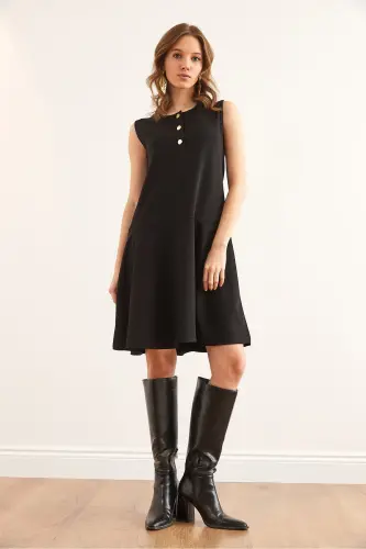 Women's Black Buttoned Detailed Crepe Dress ELB-1 - OLALOOK (1)
