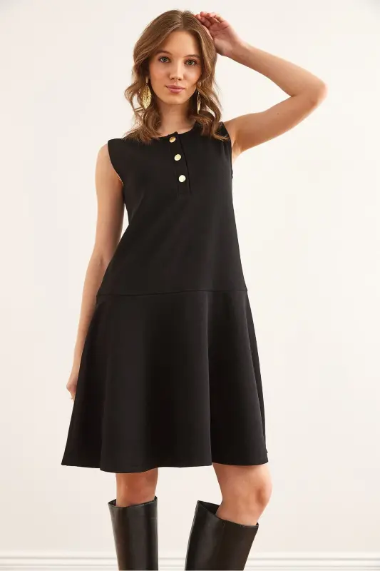 Women's Black Buttoned Detailed Crepe Dress ELB-1 - 3