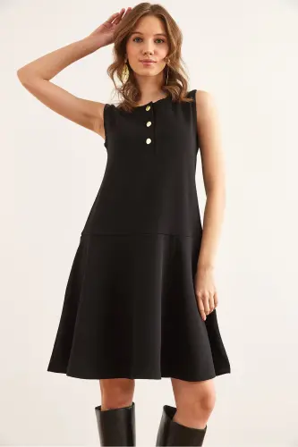Women's Black Buttoned Detailed Crepe Dress ELB-1 - 4