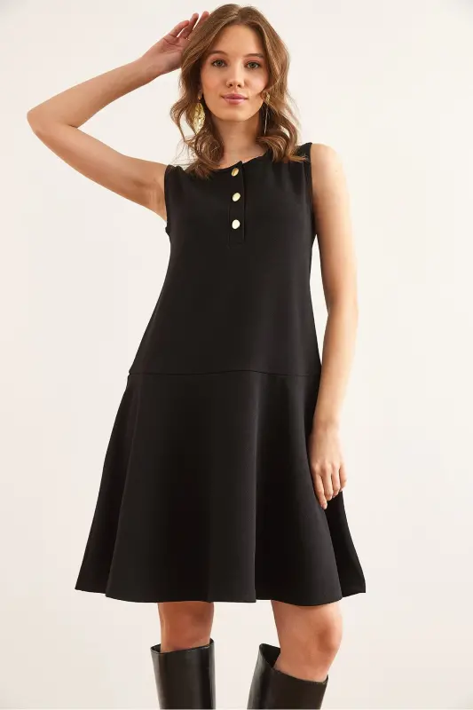 Women's Black Buttoned Detailed Crepe Dress ELB-1 - 4