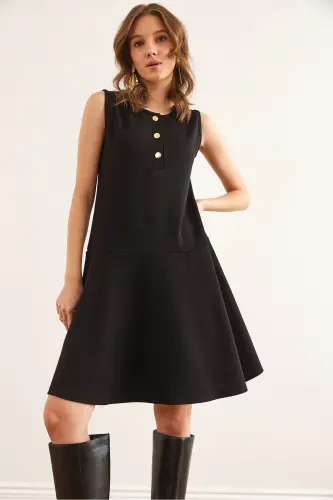 Women's Black Buttoned Detailed Crepe Dress ELB-1 - 5