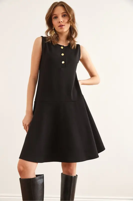 Women's Black Buttoned Detailed Crepe Dress ELB-1 - 5
