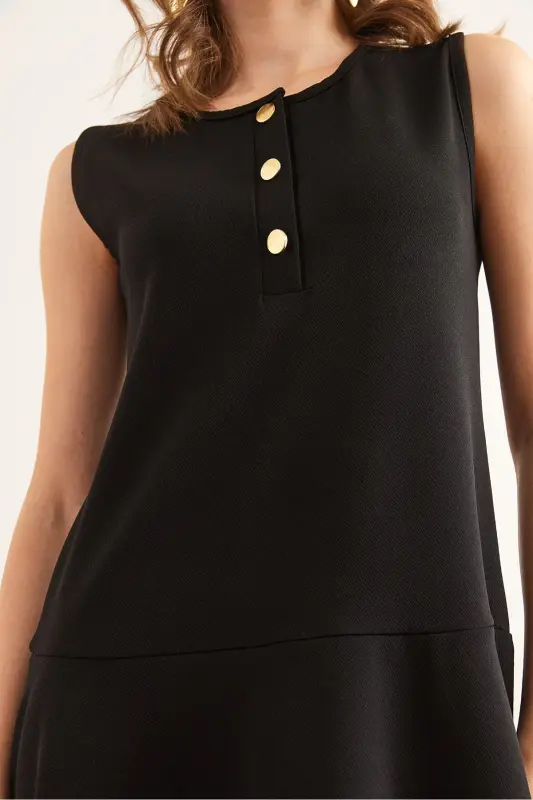 Women's Black Buttoned Detailed Crepe Dress ELB-1 - 6