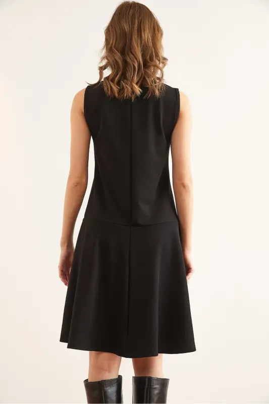 Women's Black Buttoned Detailed Crepe Dress ELB-1 - 7