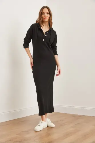 Women's Black Buttoned Hooded Oversize Ribbed Maxi - OLALOOK (1)