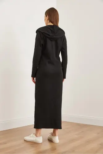 Women's Black Buttoned Hooded Oversize Ribbed Maxi - 6