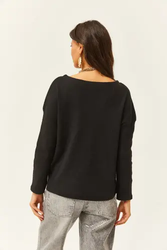 Women's Black Buttoned Plushy Relaxed Fit Sweater KZK-19000721-Black - 5