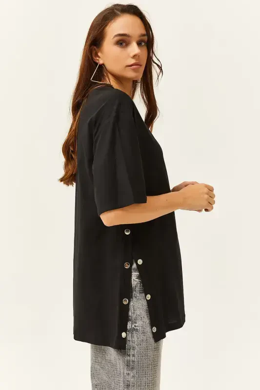 Women's Black Buttoned Side Cotton T-Shirt TSH-19000 - OLALOOK