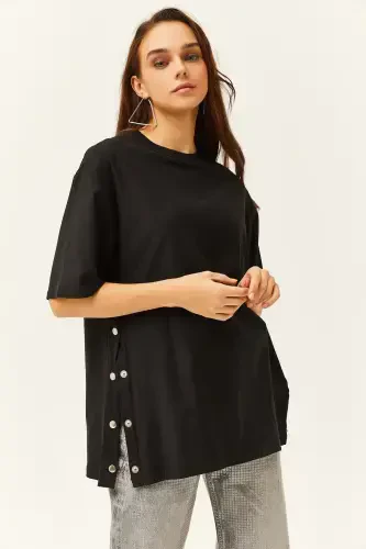 Women's Black Buttoned Side Cotton T-Shirt TSH-19000 - 2