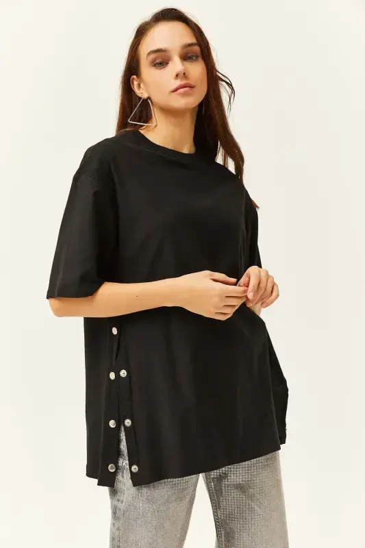 Women's Black Buttoned Side Cotton T-Shirt TSH-19000 - 2