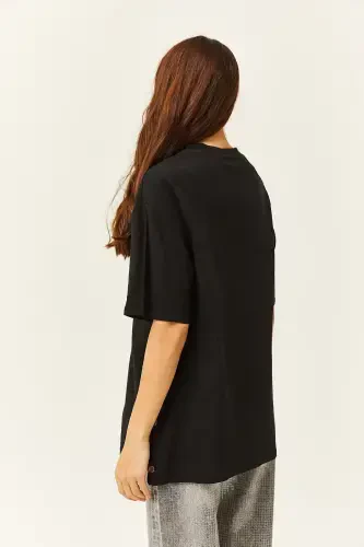 Women's Black Buttoned Side Cotton T-Shirt TSH-19000 - 5