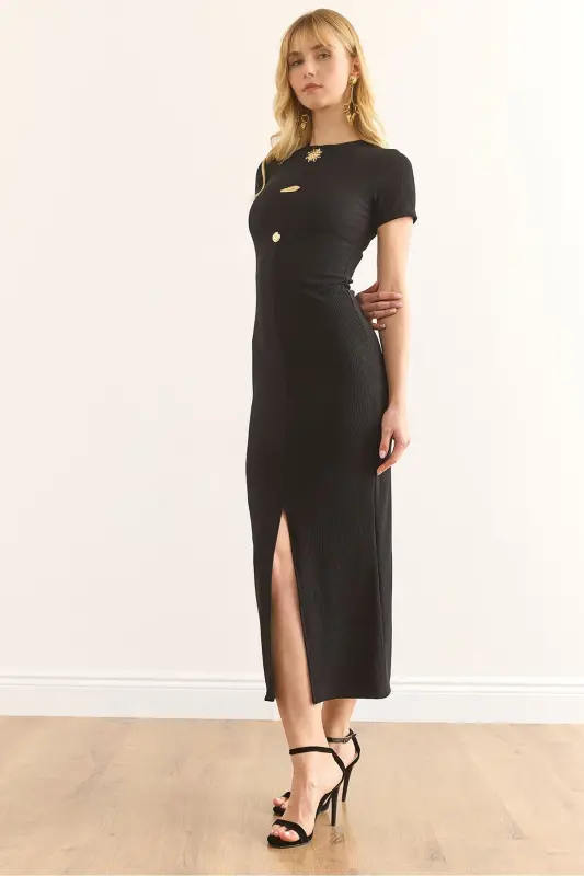 Women's Black Buttoned Slit Detail Corduroy Slim Fit - OLALOOK