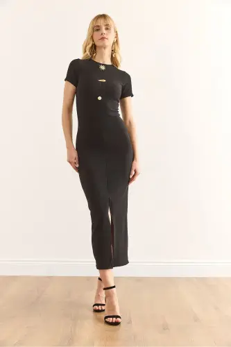 Women's Black Buttoned Slit Detail Corduroy Slim Fit - OLALOOK (1)