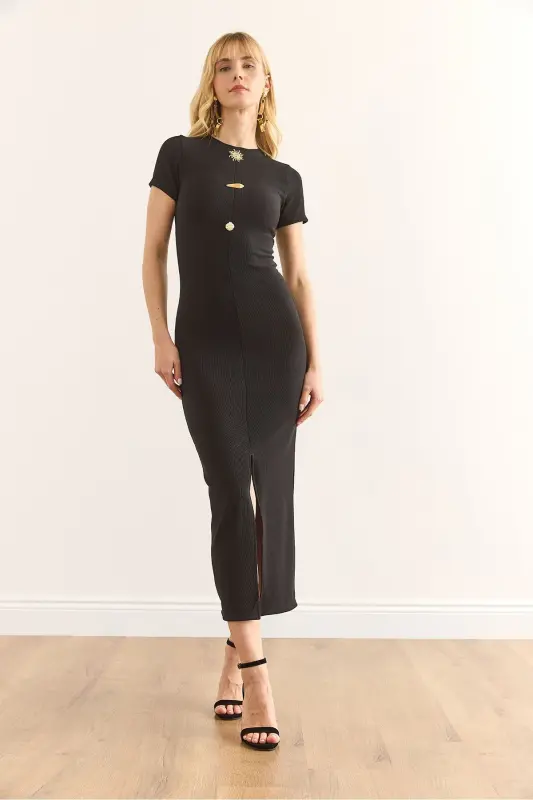 Women's Black Buttoned Slit Detail Corduroy Slim Fit - 2