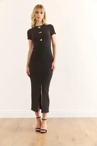 Women's Black Buttoned Slit Detail Corduroy Slim Fit - 3