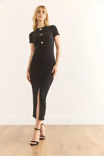 Women's Black Buttoned Slit Detail Corduroy Slim Fit - 4