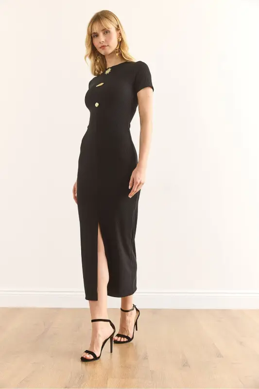 Women's Black Buttoned Slit Detail Corduroy Slim Fit - 5