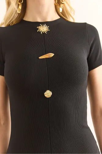 Women's Black Buttoned Slit Detail Corduroy Slim Fit - 6