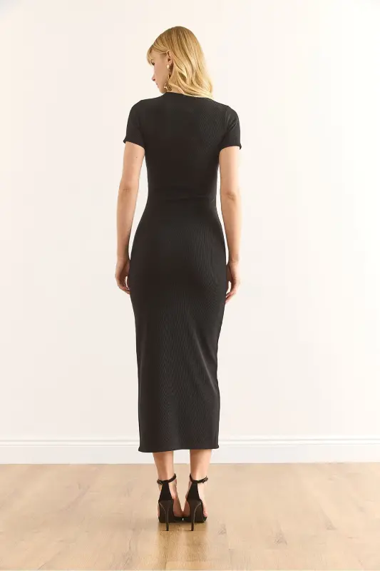 Women's Black Buttoned Slit Detail Corduroy Slim Fit - 7